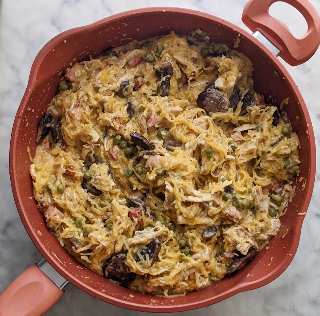 Creamy Keto Spaghetti Squash (With Pancetta, Mushrooms and Peas